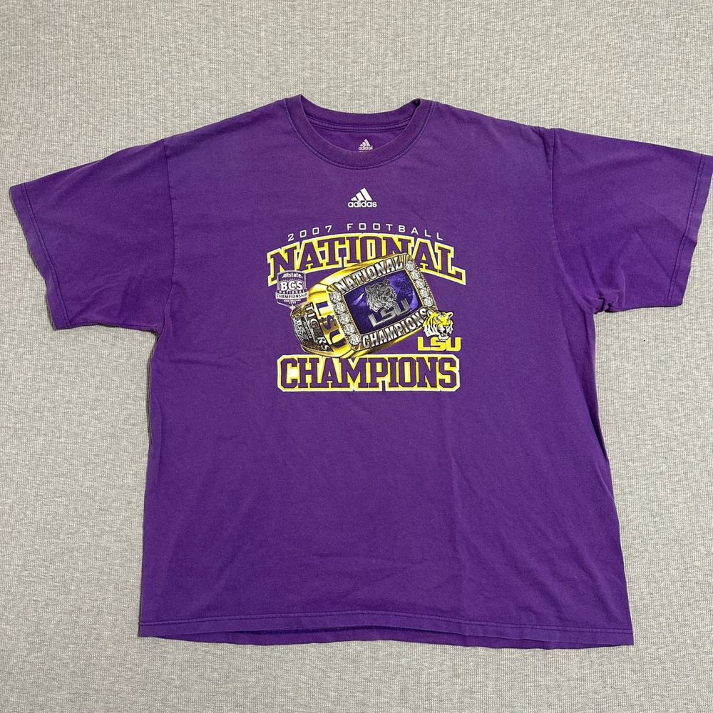 Adidas LSU Tigers 2007 National Champions Football T-Shirt Purple Mens Size 2XL